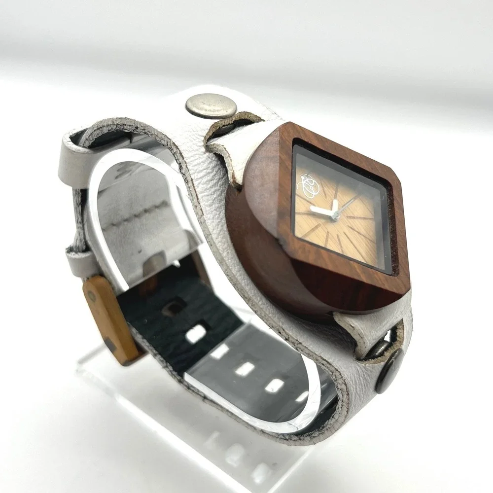 Mistura Wood Watch Square Case White Leather‎ Cuff Strap Artisan Handcrafted